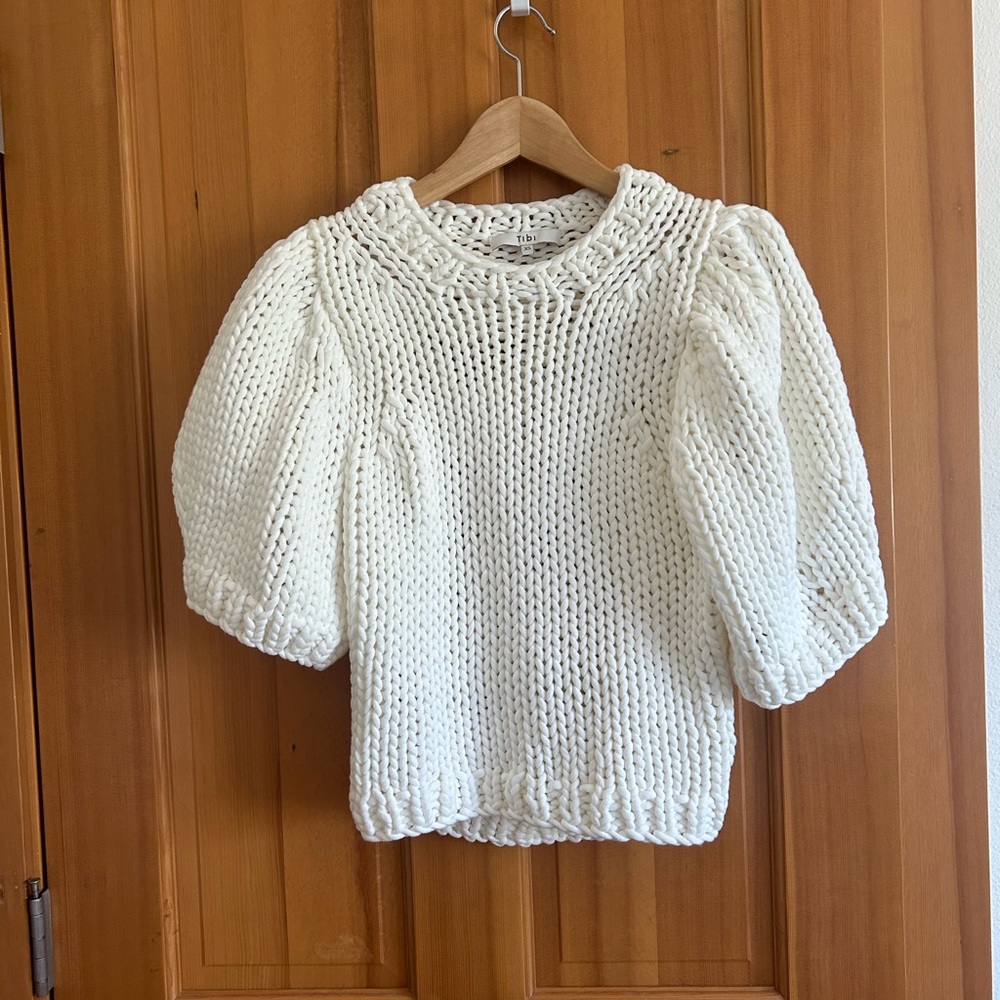 Tibi Deluxe Tube Yarn Sweater Mini Puff Pullover in white. Size xs.
